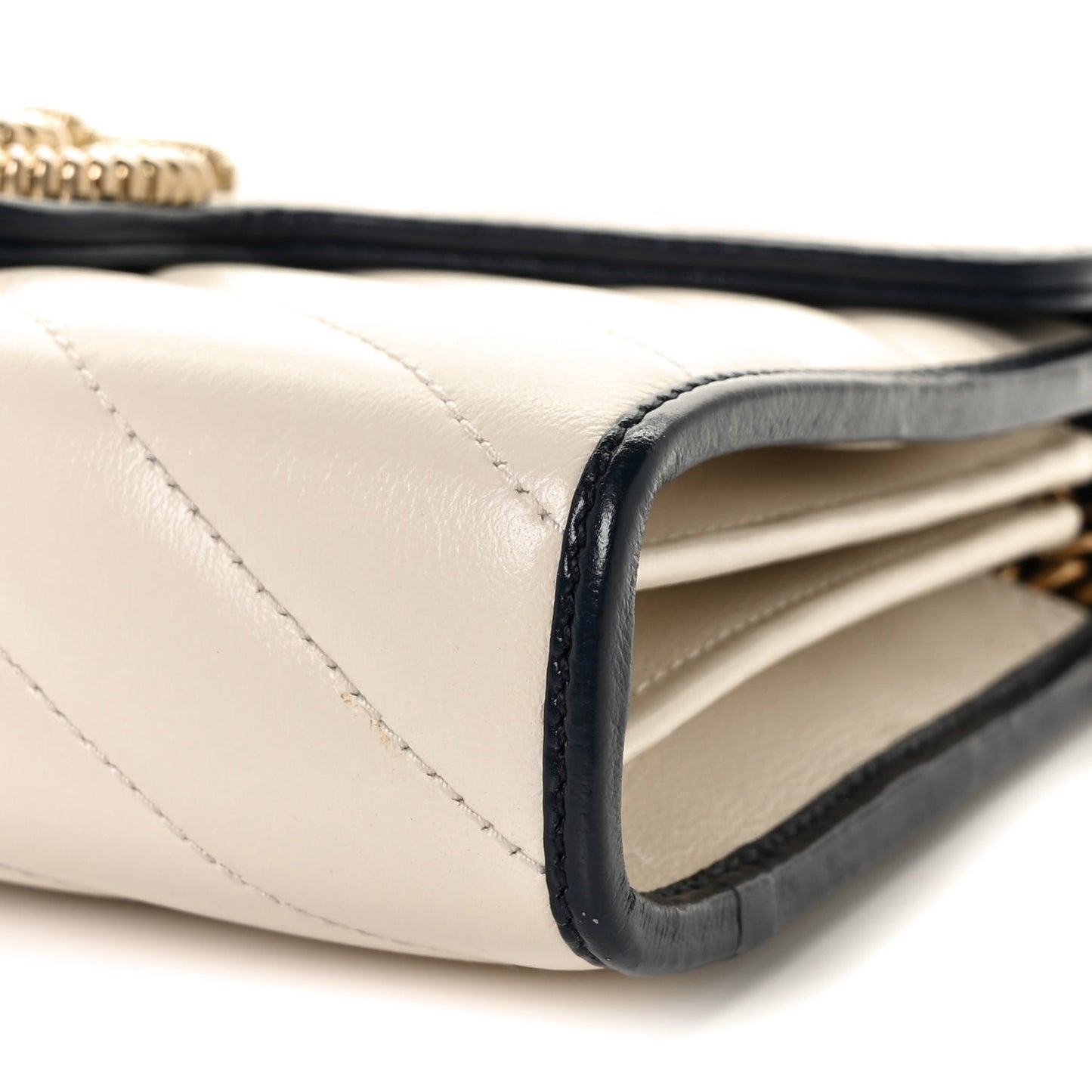 Vintage Effect Calfskin Matelasse Diagonal Torchon GG Marmont Chain Wallet Mystic White Blue Agata