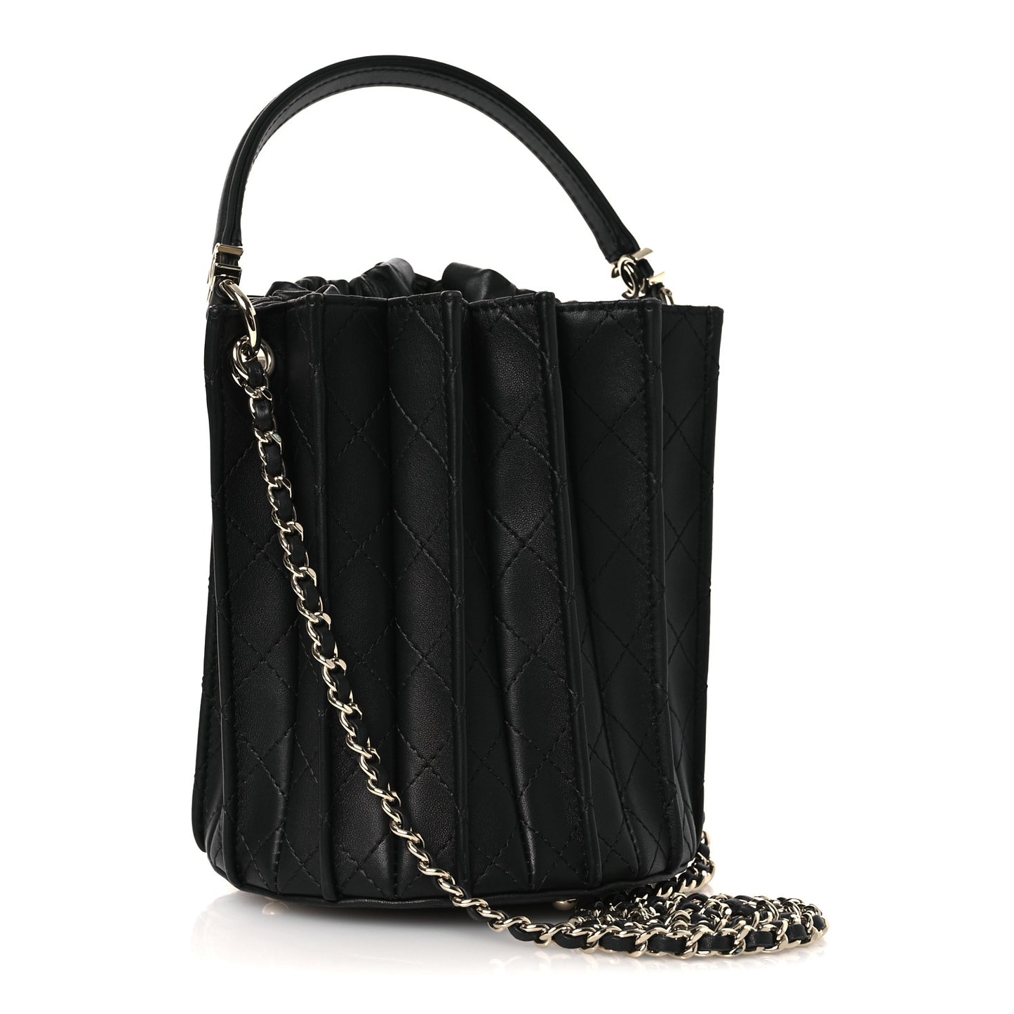 Calfskin Quilted Pleated Bucket Bag Black