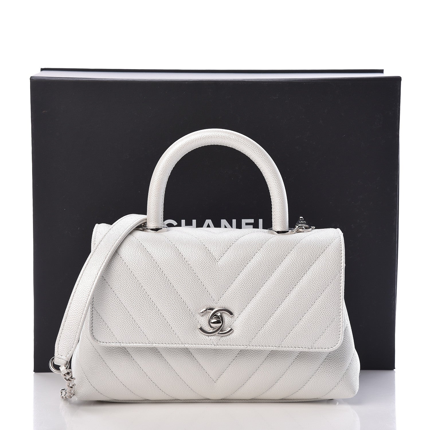 Chanel Iridescent Caviar Chevron Quilted Mini Coco Handle Flap White 11 of 11