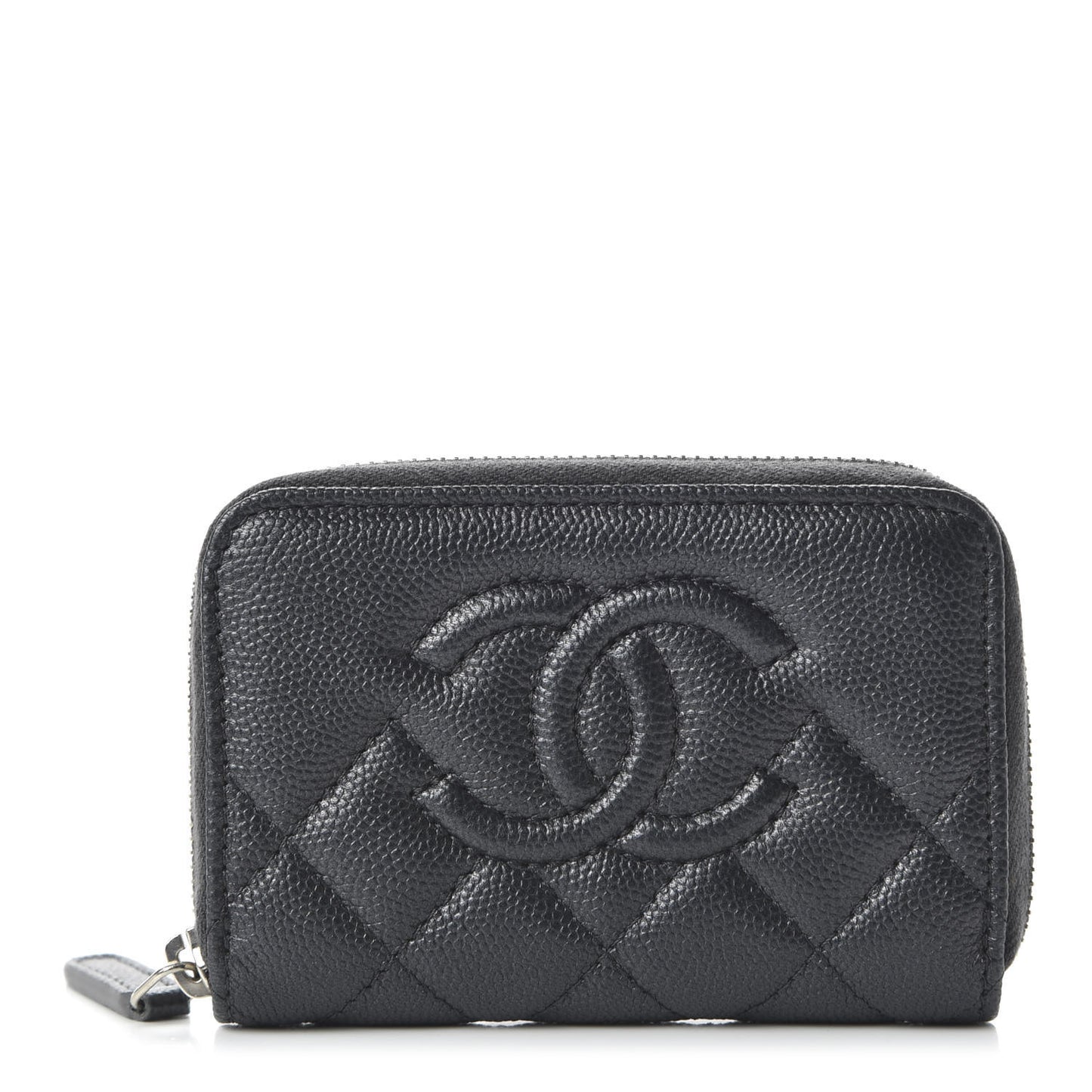 Metallic Caviar Quilted CC Zip Around Coin Purse Wallet Dark Grey