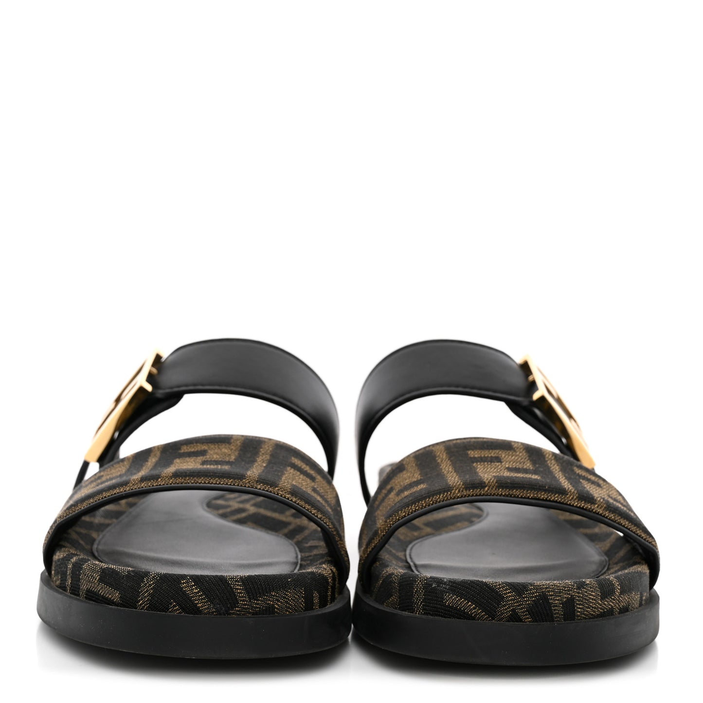 Fabric Jacquard Nappa FF Womens Fendi Feel Buckled Slide Sandals 37 Tobacco Black