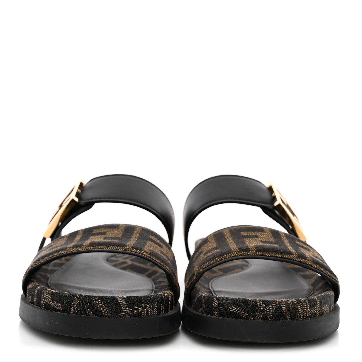 Fendi Fabric Jacquard Nappa FF Womens Fendi Feel Buckled Slide Sandals 37 Tobacco Black 3 of 10