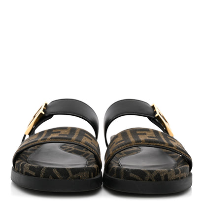 Fendi Fabric Jacquard Nappa FF Womens Fendi Feel Buckled Slide Sandals 37 Tobacco Black 3 of 10