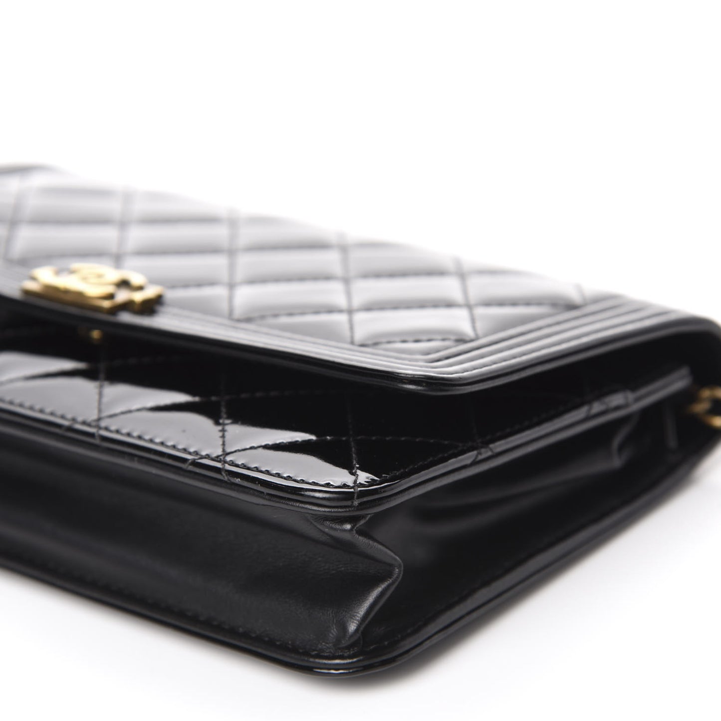 Patent Calfskin Quilted Boy Wallet On Chain WOC Black
