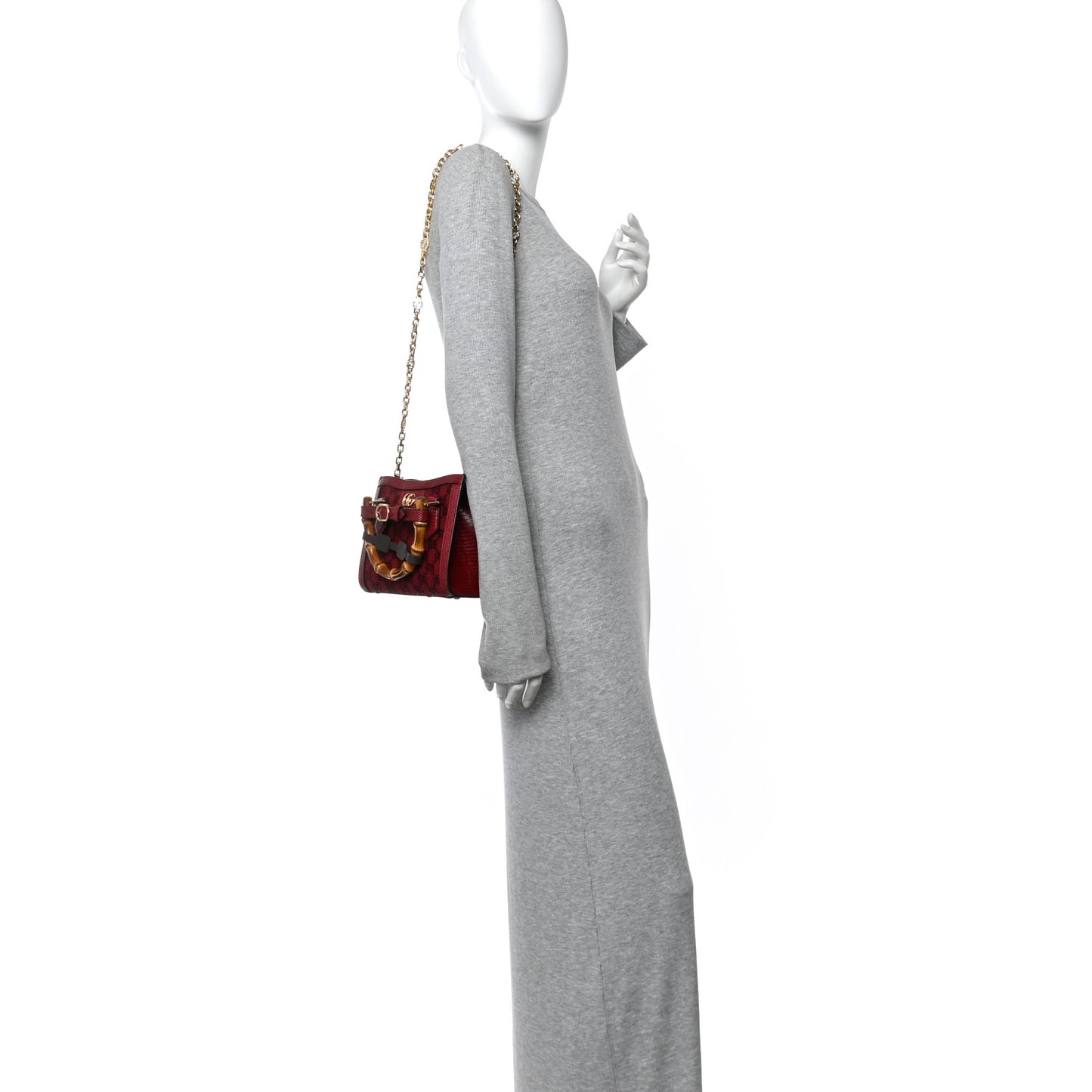 Moire Fabric Calfskin Rhinestone Monogram Monochrome Lizard Embossed Mini Diana Tote Bag Red