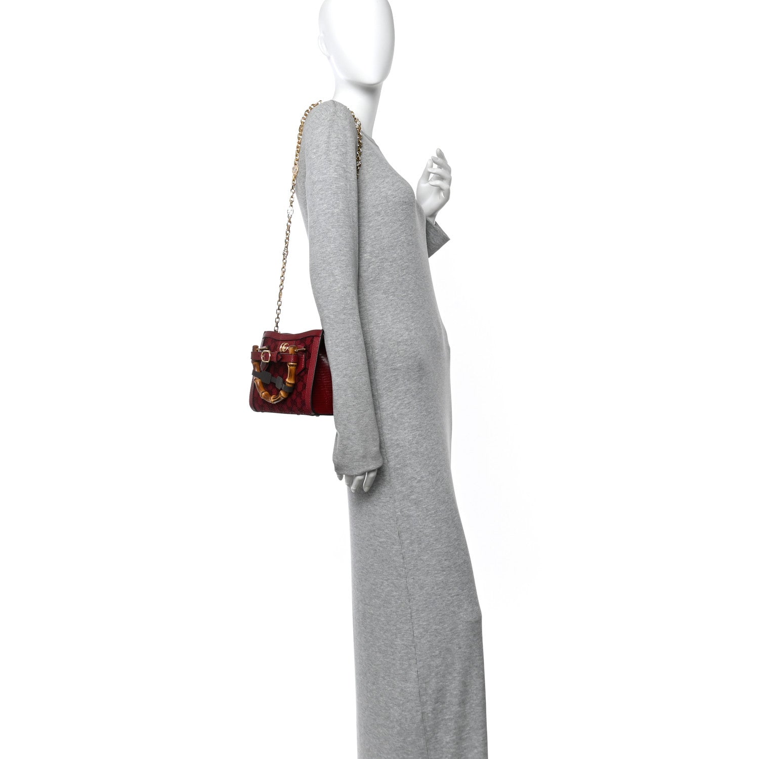 Gucci Moire Fabric Calfskin Rhinestone Monogram Monochrome Lizard Embossed Mini Diana Tote Bag Red 2 of 10