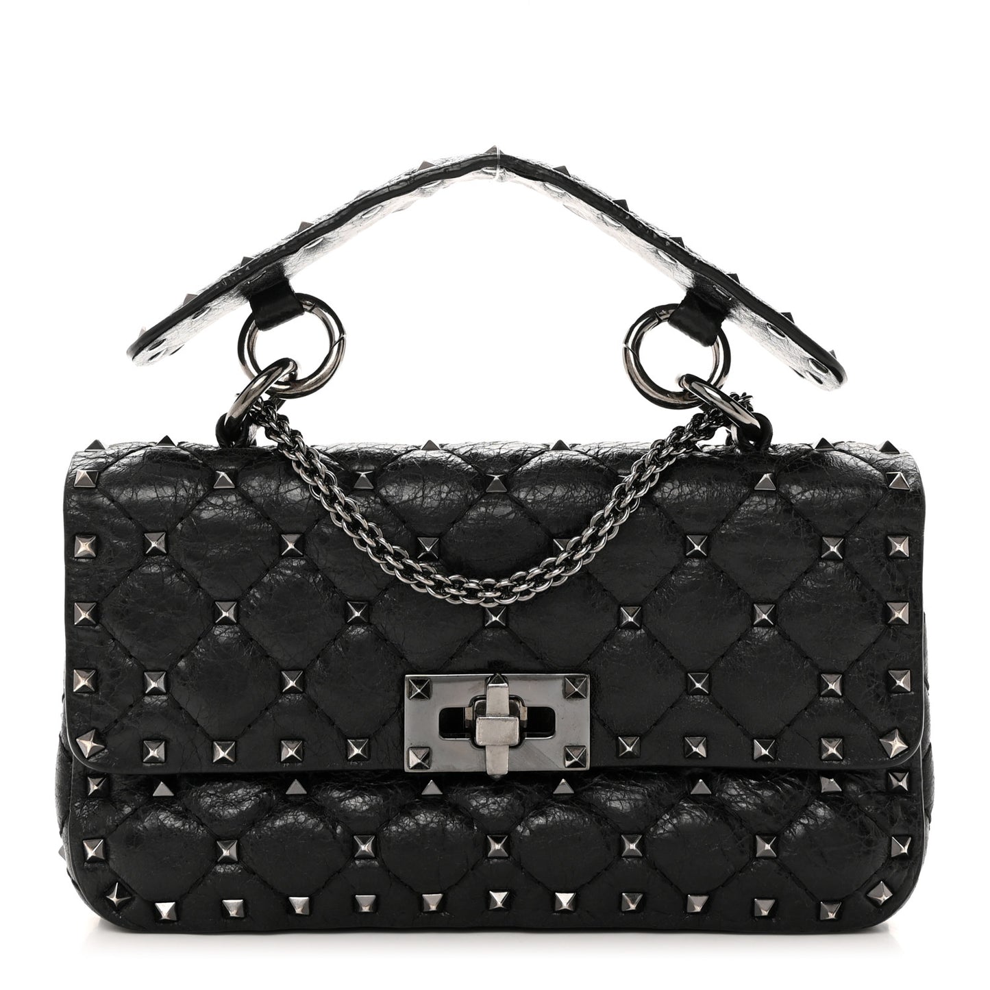 Craquele Nappa Small Rockstud Spike Shoulder Bag Black