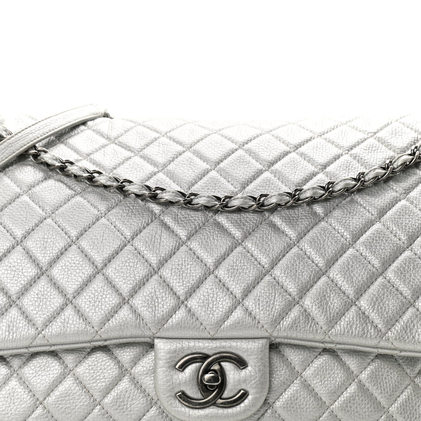 Metallic Calfskin Quilted XXL Travel Flap Bag Silver