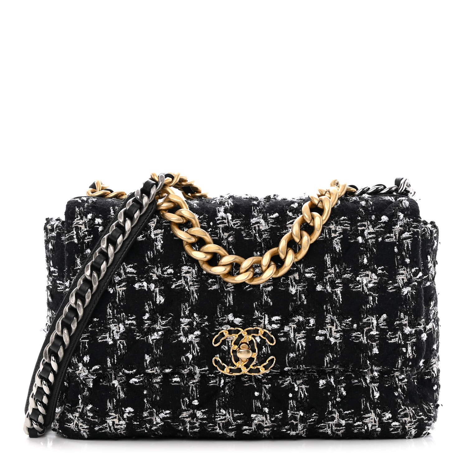 Chanel Tweed Quilted Large Chanel 19 Flap Black Silver Ecru 1 of 11
