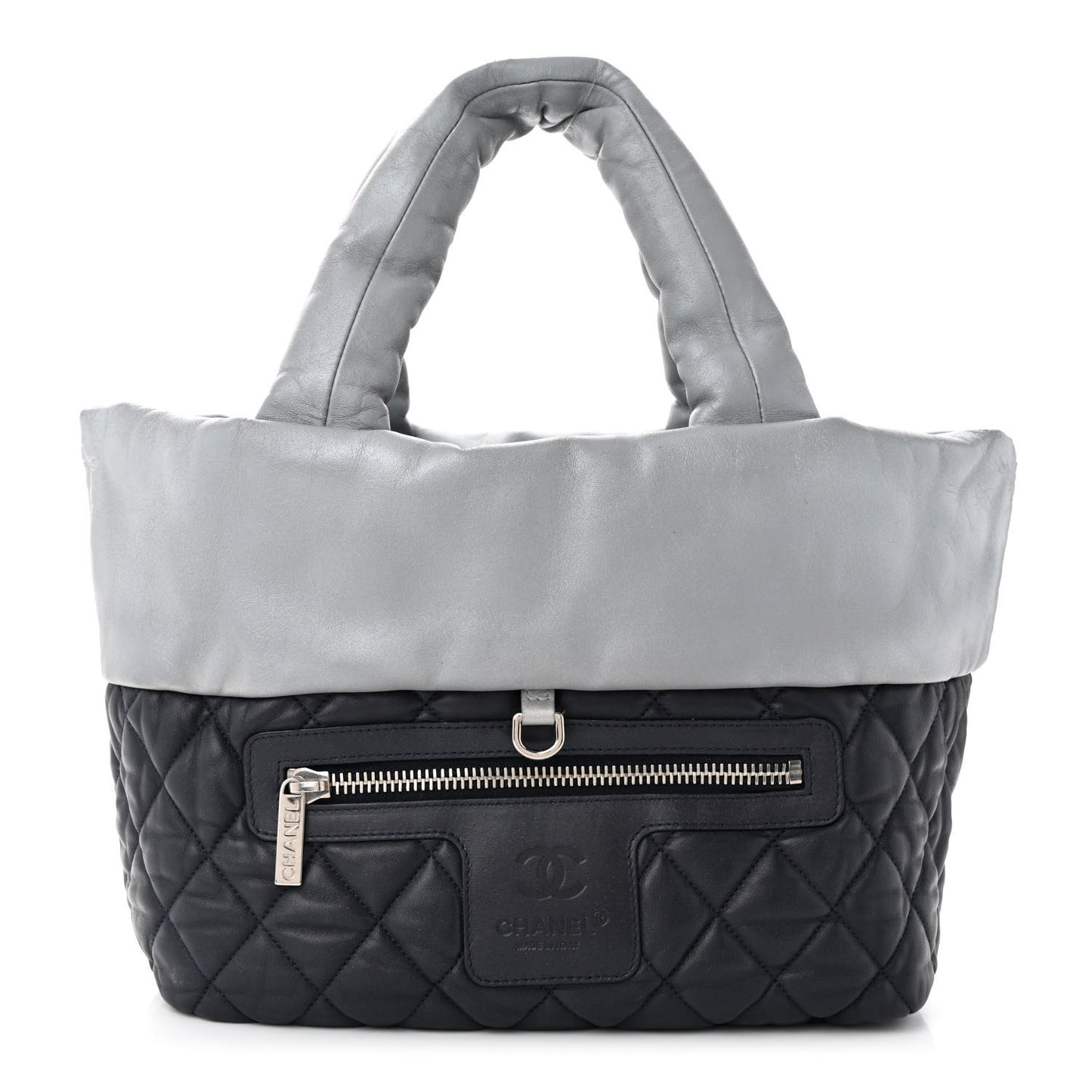 Metallic Lambskin Quilted Small Coco Cocoon Reversible Tote Light Grey