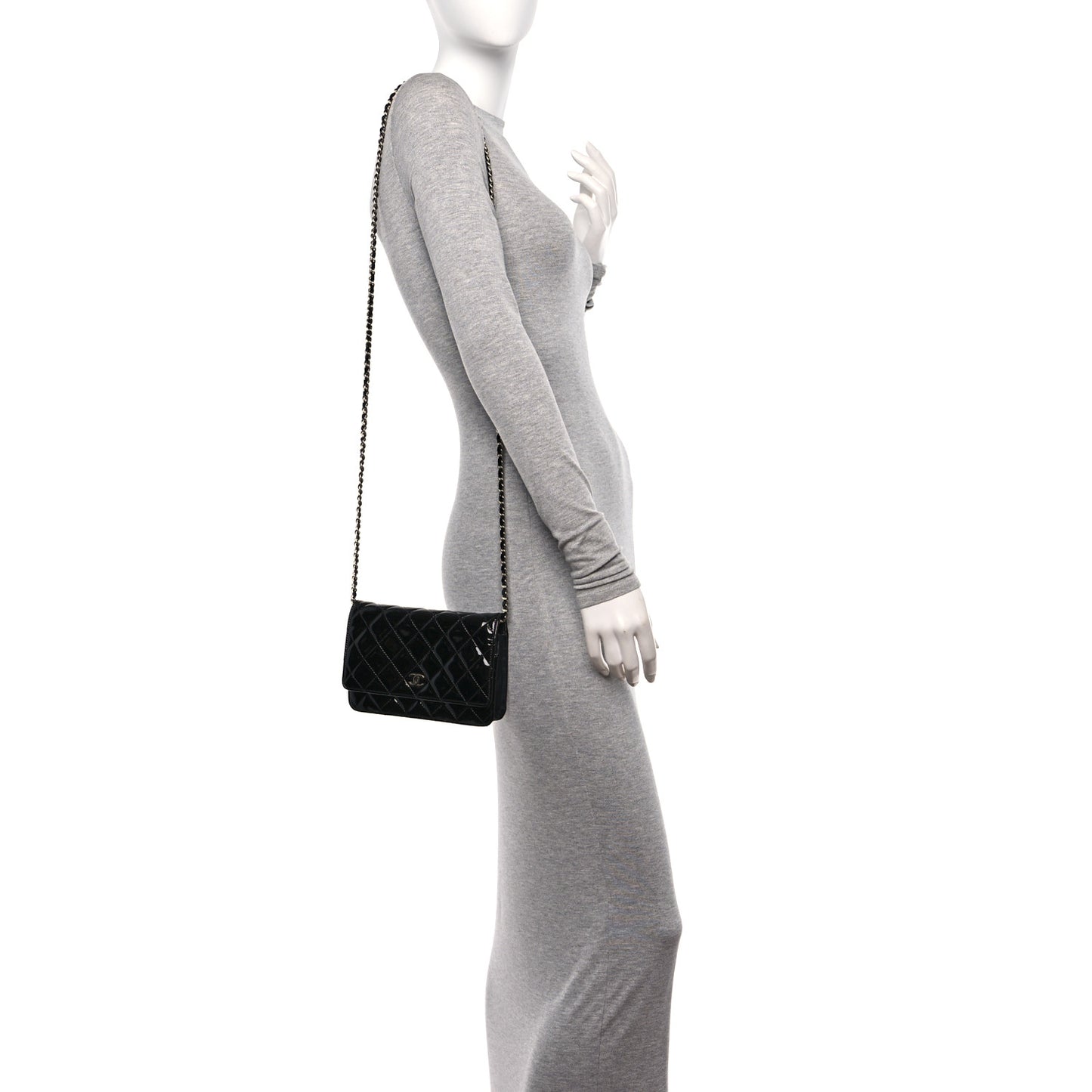 Patent Quilted Wallet On Chain WOC Black