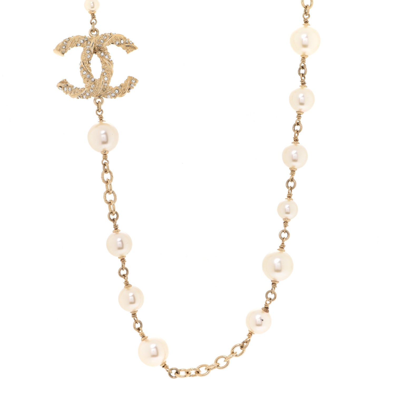 Chanel Pearl Crystal Twisted CC Long Necklace Gold 1 of 5