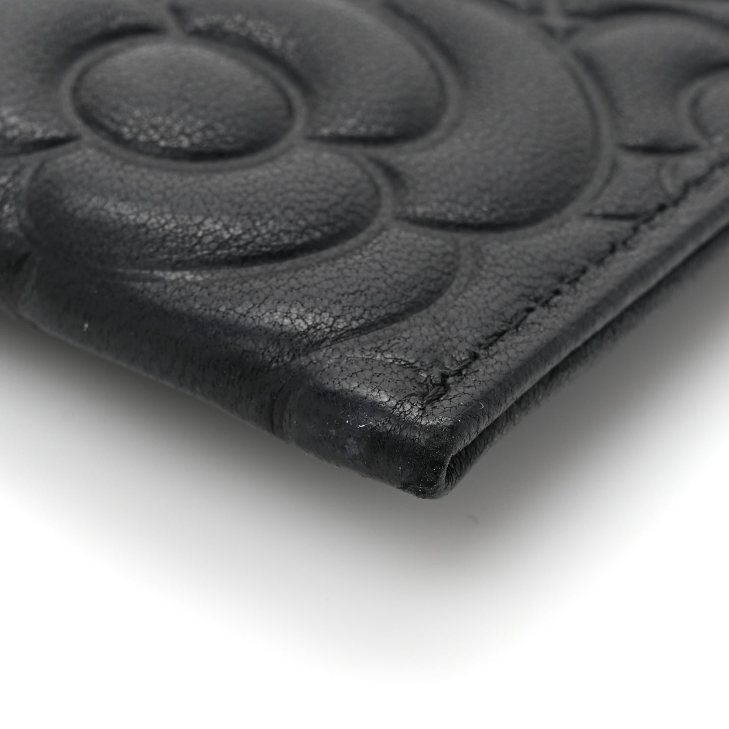 Lambskin Camellia Embossed Classic Zip Pouch Black