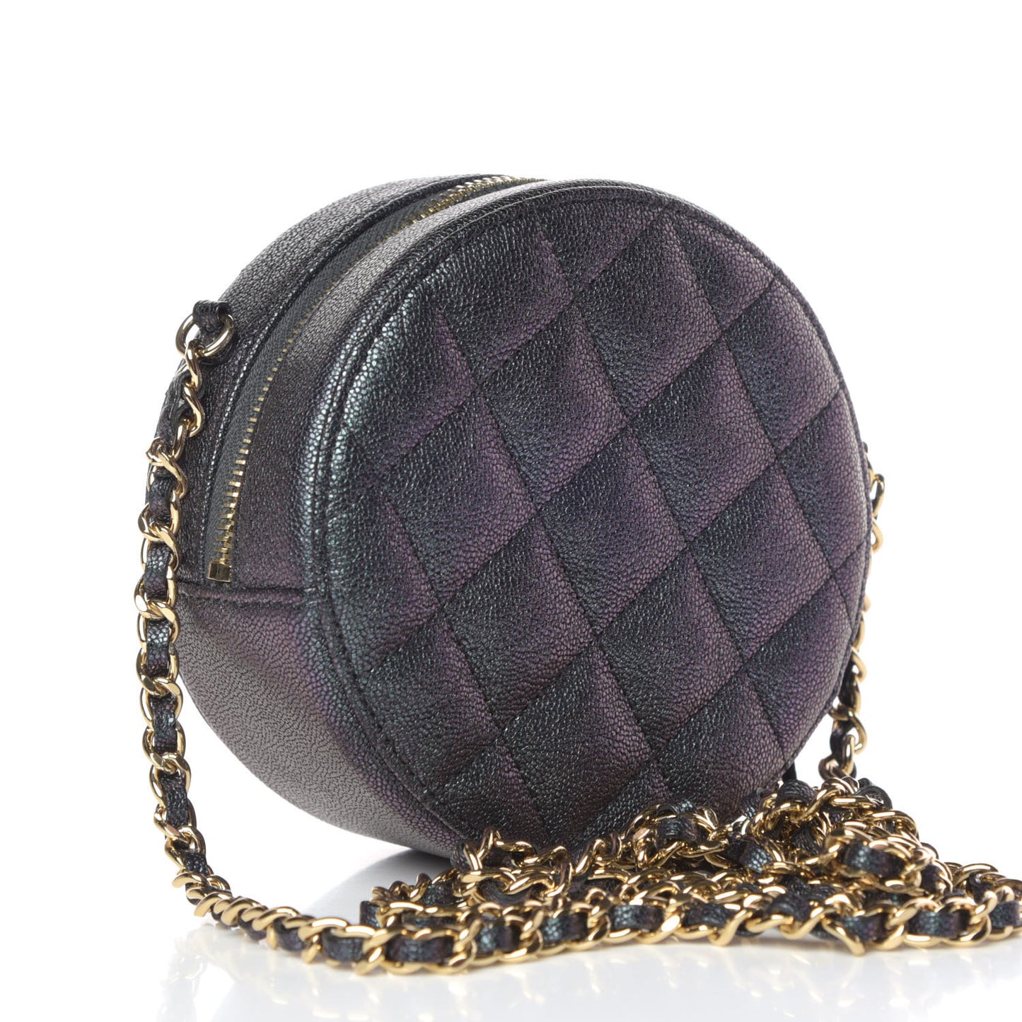 Iridescent Caviar Quilted Round Clutch With Chain Black