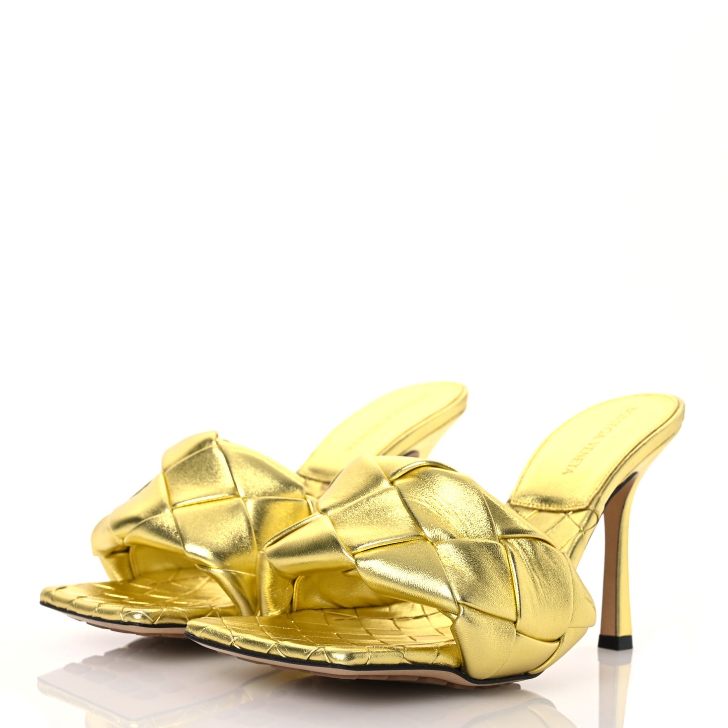 Metallic Nappa Maxi Reflection Weave Lido 90mm Mule Sandals 38.5 Gold