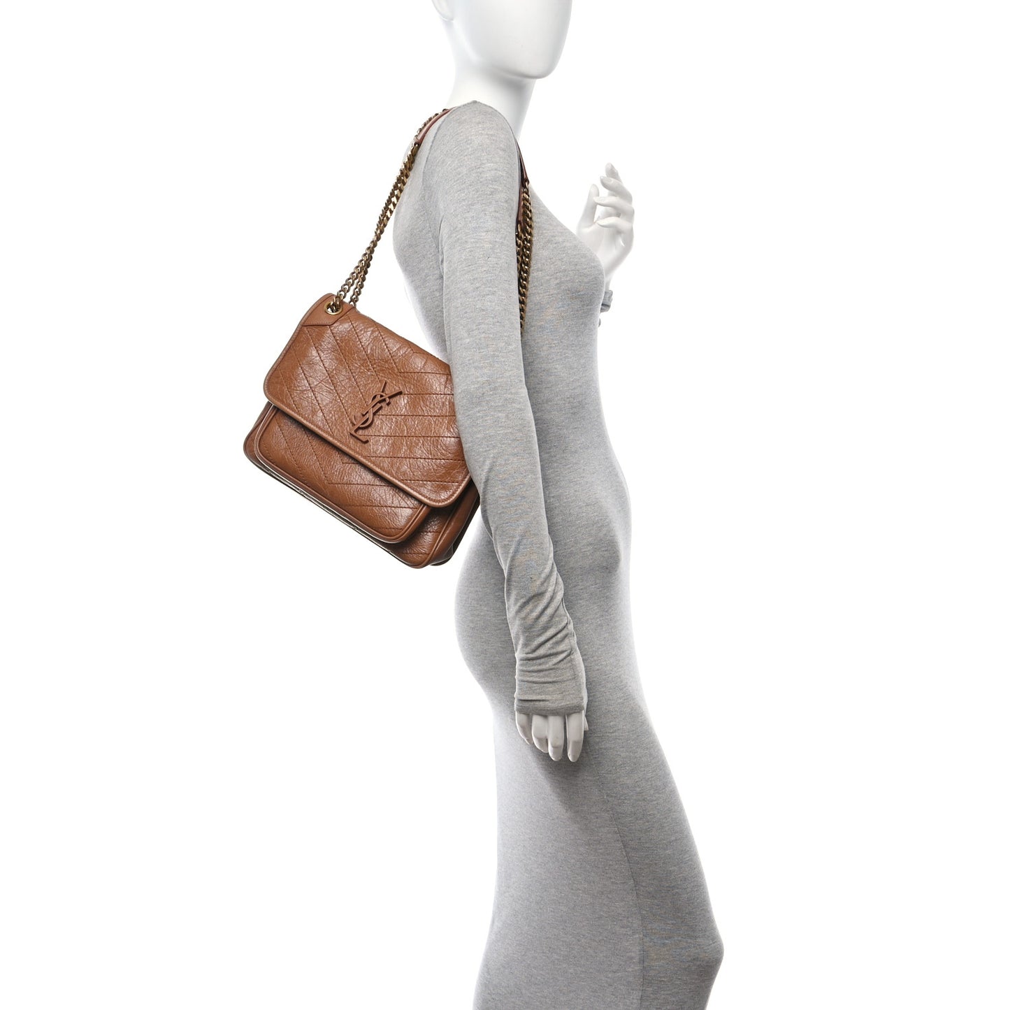 Crinkled Calfskin Matelasse Monogram Medium Niki Chain Satchel Caramel