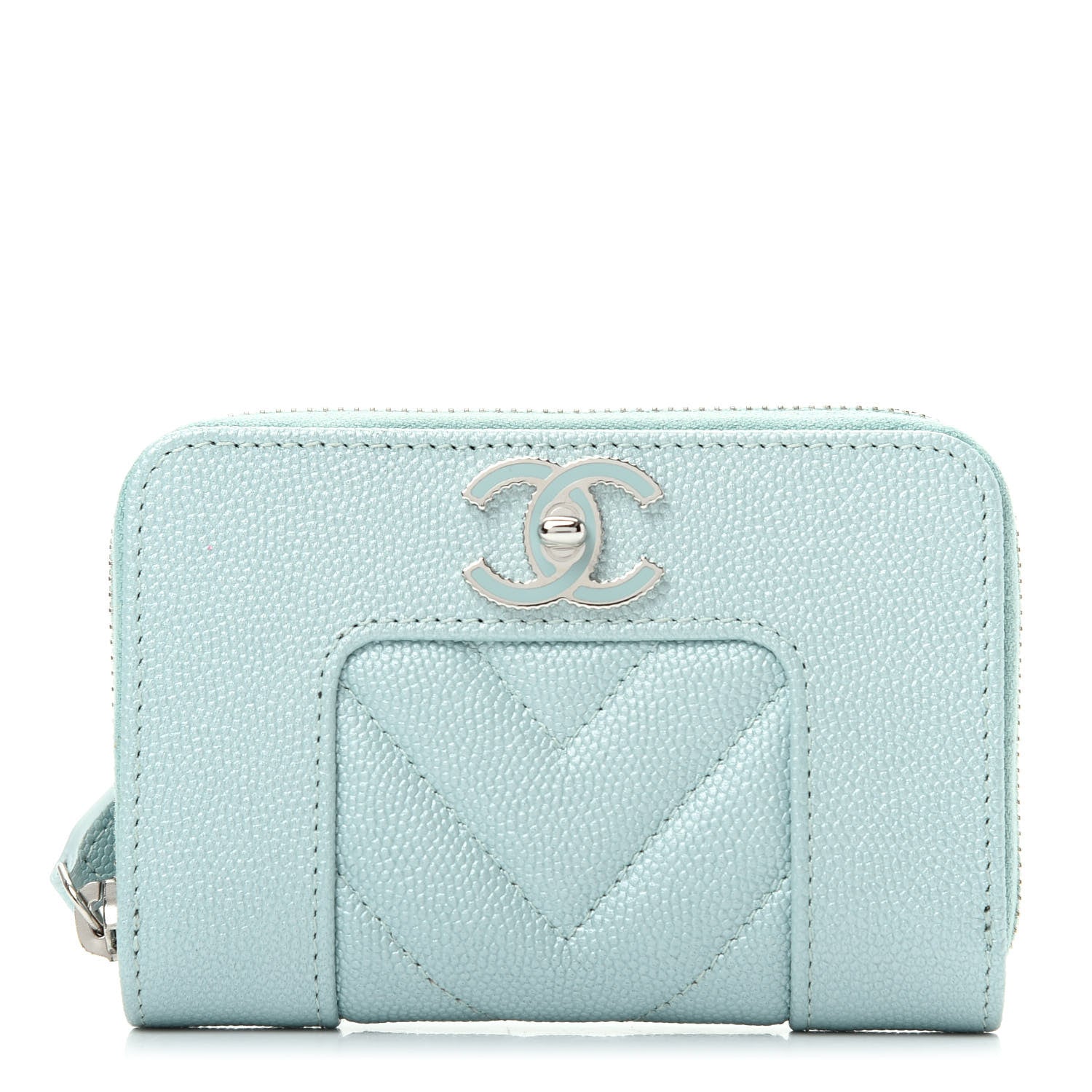 Chanel Metallic Caviar Chevron Quilted Vintage Mademoiselle Zip Coin Purse Light Blue 1 of 8