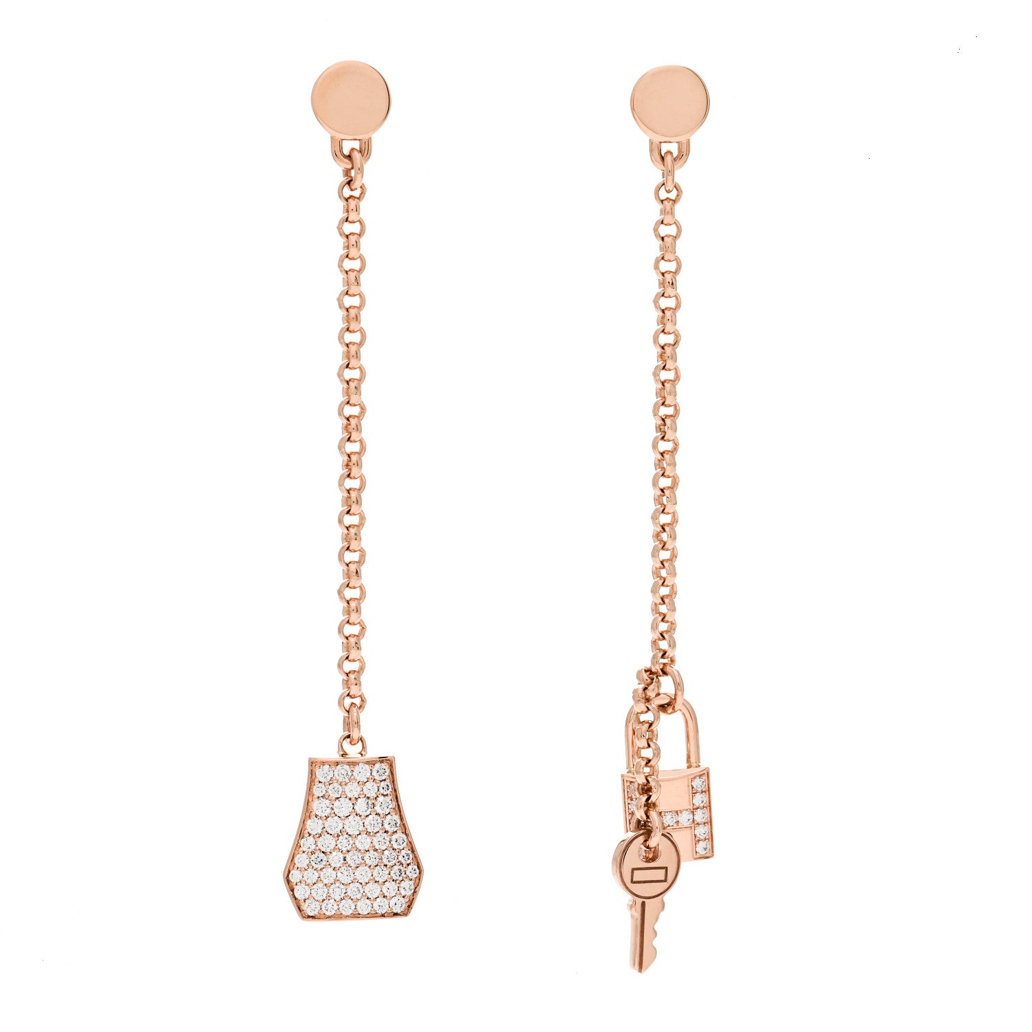 Hermes 18K Rose Gold Diamond Kelly Clochette Drop Earrings 1 of 5