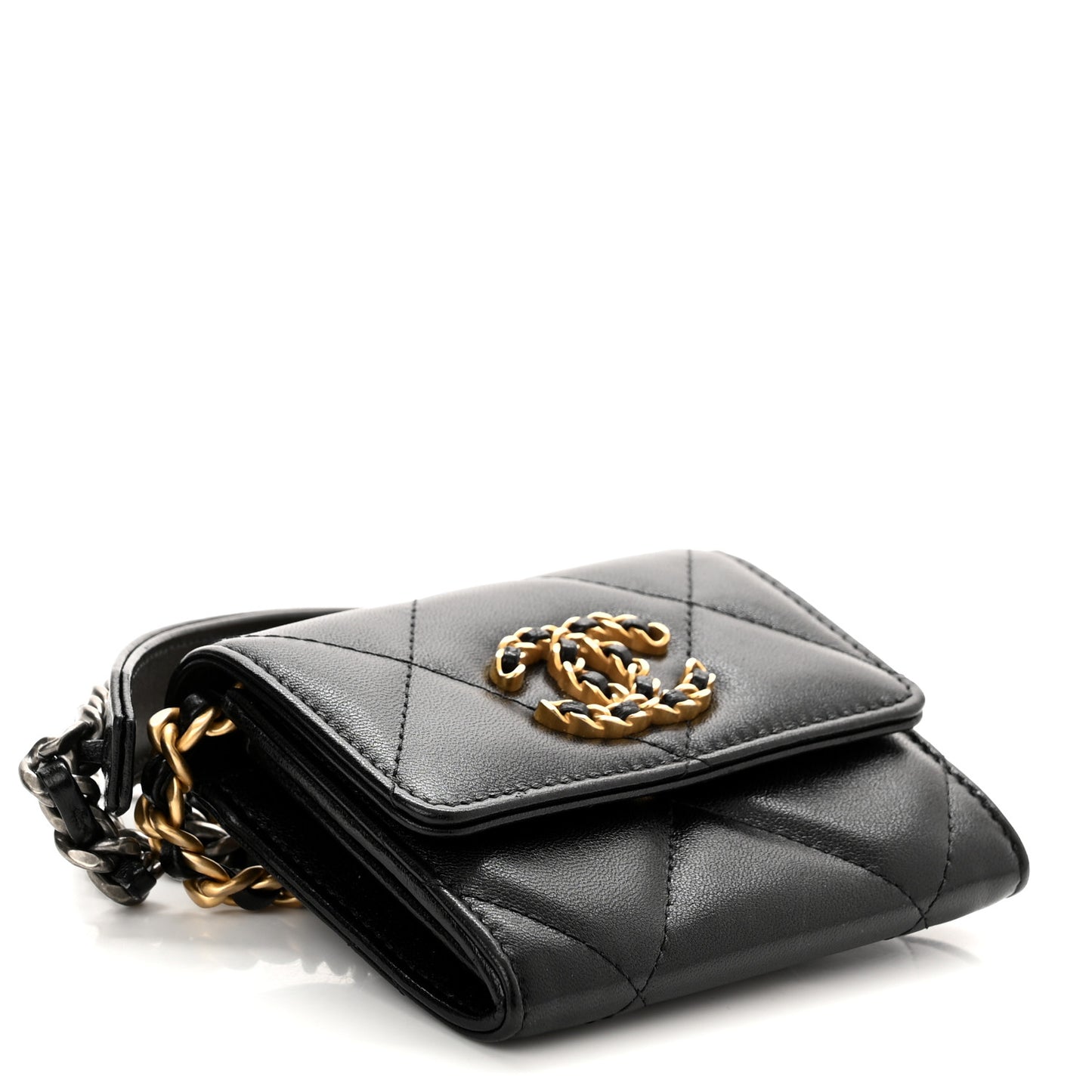 Lambskin Quilted Chanel 19 Flap Coin Purse With Chain Black