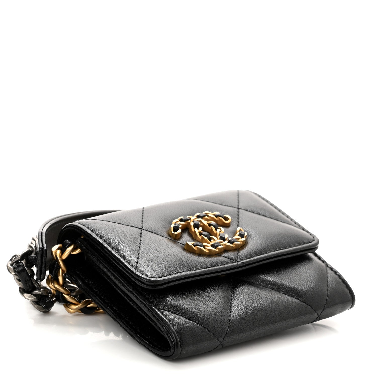 Chanel Lambskin Quilted Chanel 19 Flap Coin Purse With Chain Black 4 of 11
