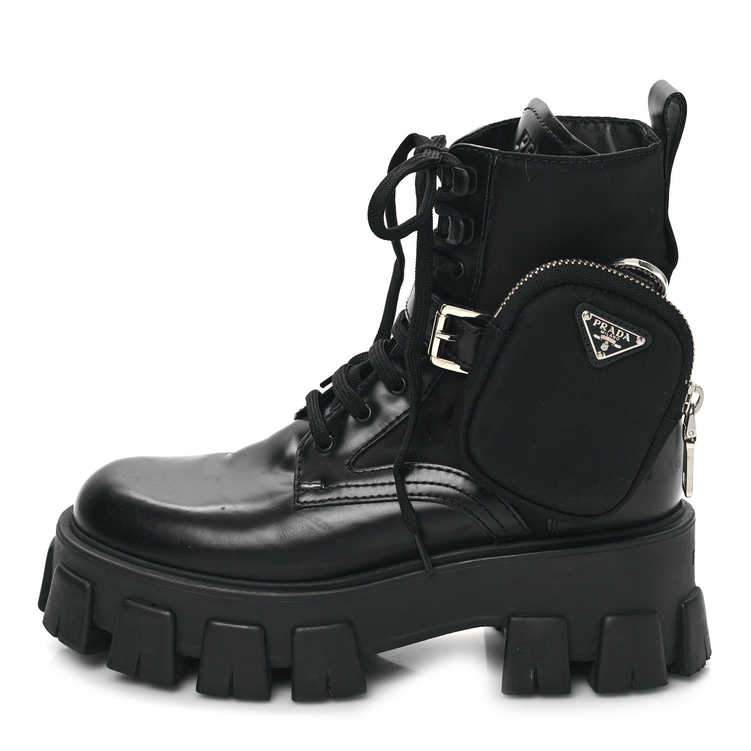 Prada Spazzolato Rois Nylon Metal Triangle Logo Monolith Pouch Pocket 55mm Boots 35.5 Black 2 of 18