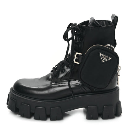 Prada Spazzolato Rois Nylon Metal Triangle Logo Monolith Pouch Pocket 55mm Boots 35.5 Black 2 of 18