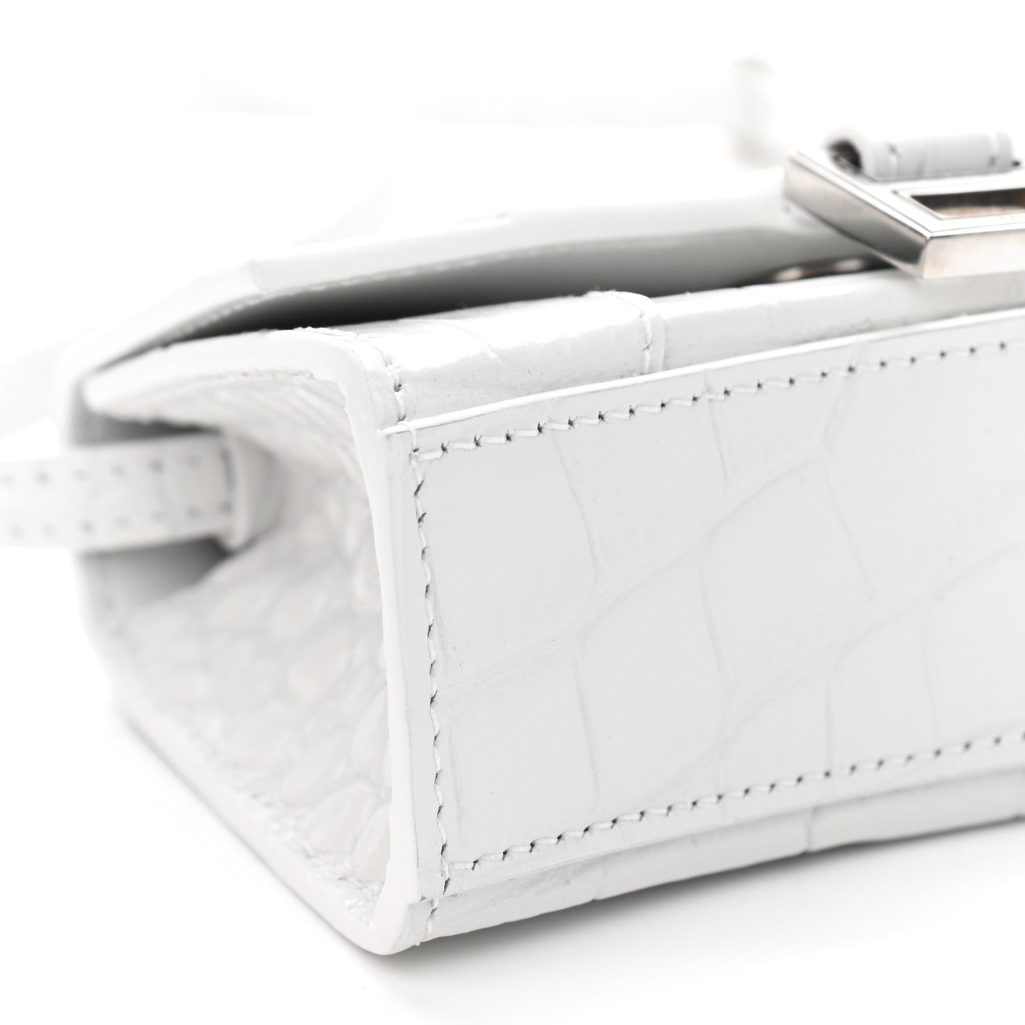 Shiny Calfskin Crocodile Embossed Hourglass Top Handle Bag Mini White