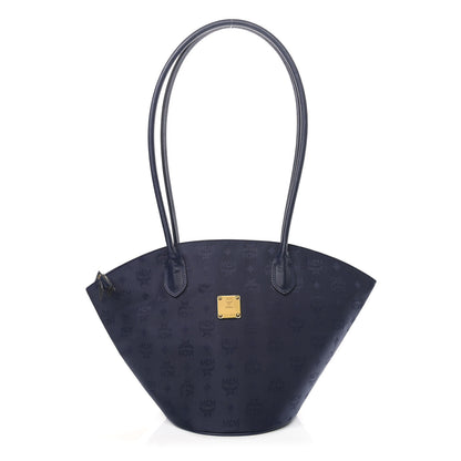 MCM Nylon Monogram Calfskin Tote Navy 1 of 12
