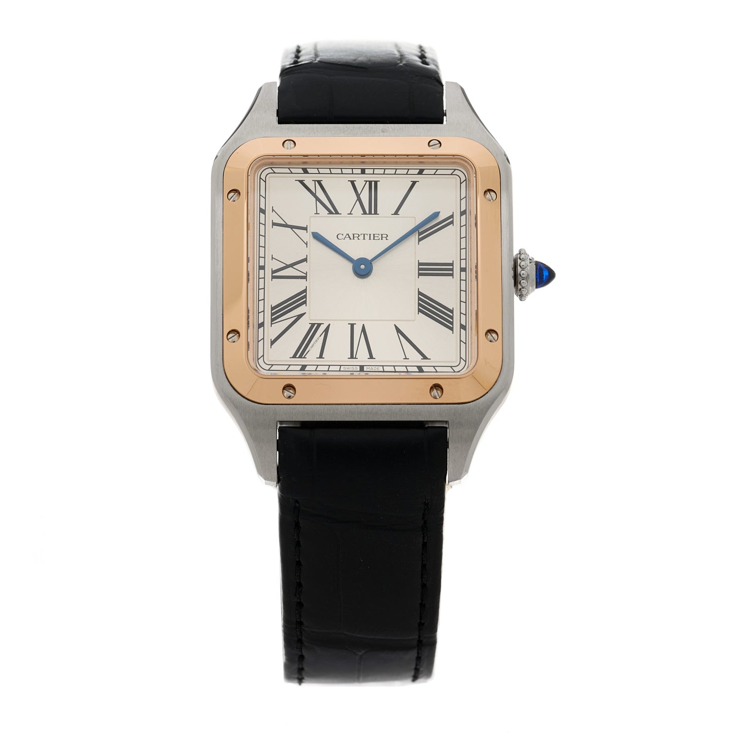 Stainless Steel 18K Pink Gold Alligator 31.4mm Santos Dumont Quartz Watch