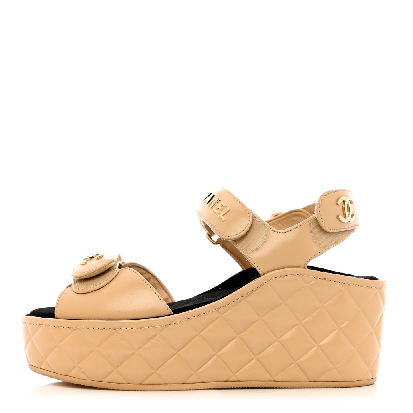 Shiny Calfskin Logo Platform Sandals 35 Beige