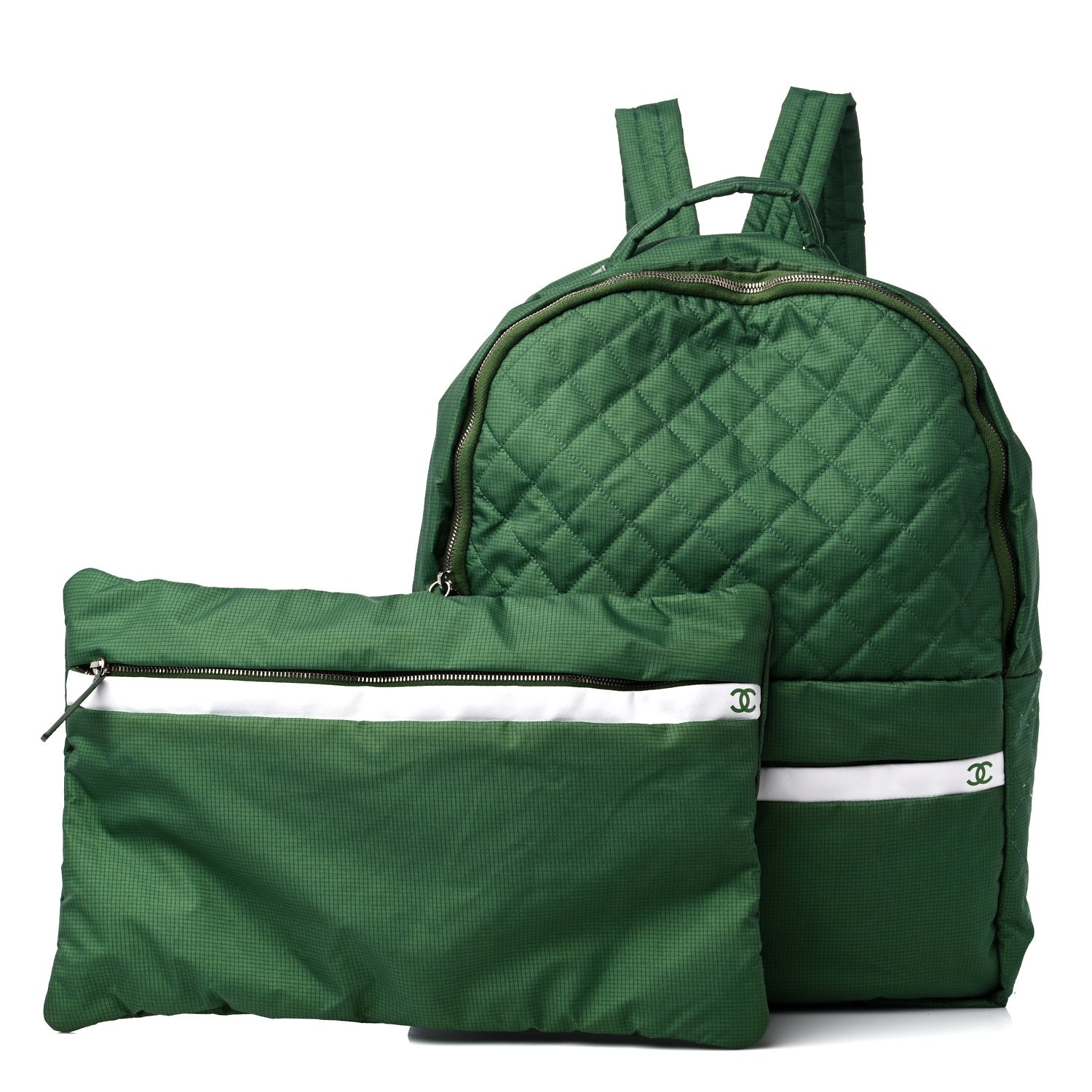 Chanel Nylon Quilted CC Backpack Green White 1 of 11