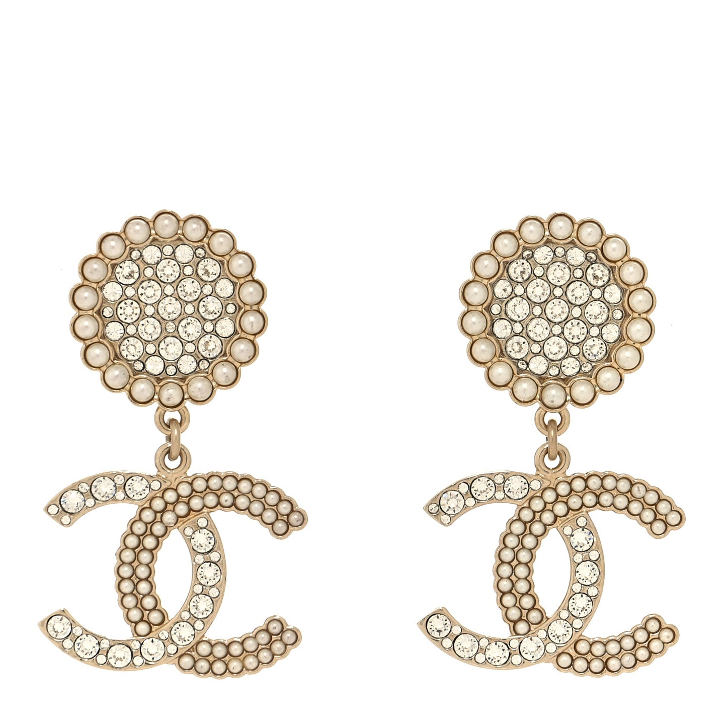 Crystal Pearl CC Drop Round Earrings Gold
