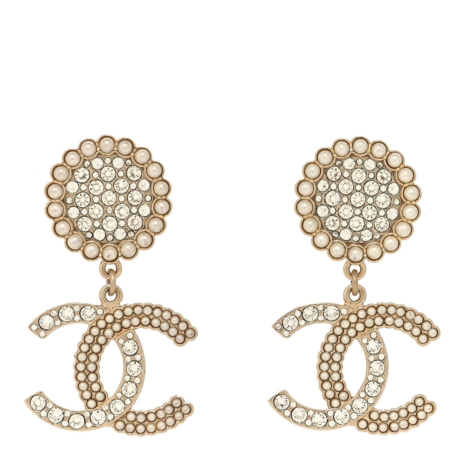 Chanel Crystal Pearl CC Drop Round Earrings Gold 1 of 4