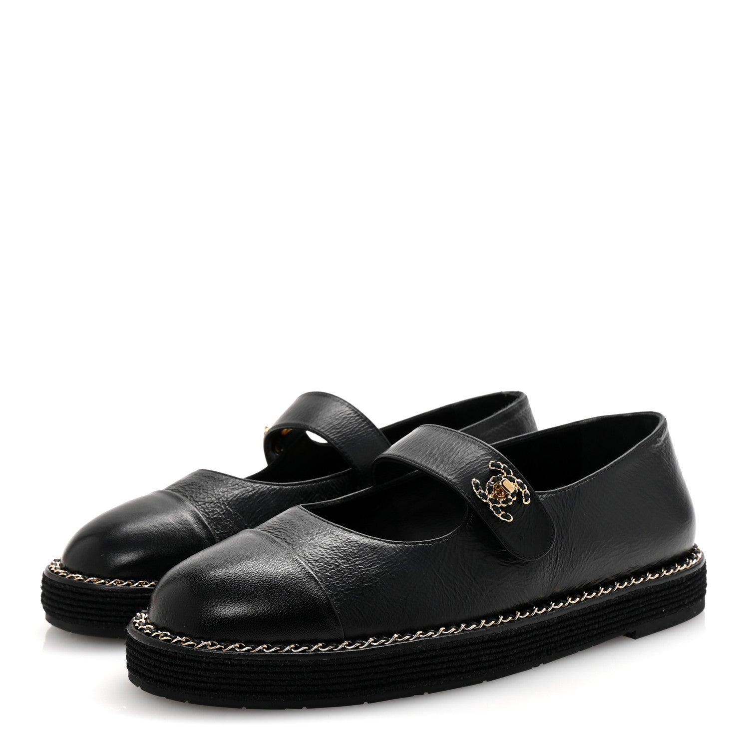 Chanel Crumpled Lambskin Cap Toe Chain CC Turnlock Mary Jane Flats 37 Black 4 of 9