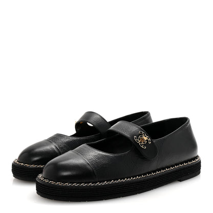Chanel Crumpled Lambskin Cap Toe Chain CC Turnlock Mary Jane Flats 37 Black 4 of 9