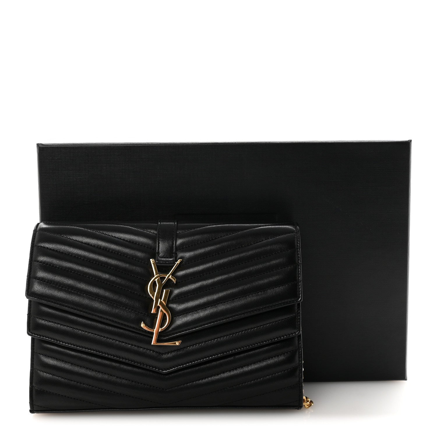 Saint Laurent Lambskin Matelasse Chevron Monogram Sulpice Chain Wallet Black 10 of 10
