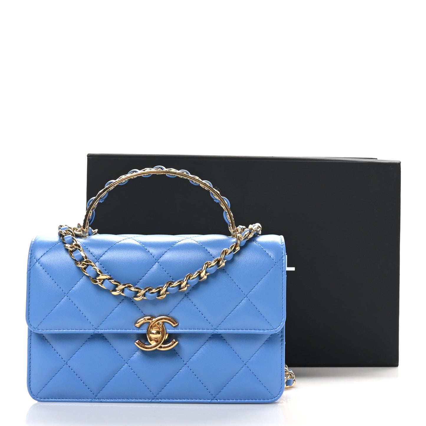 Lambskin Quilted Chain Logo Top Handle Flap Blue
