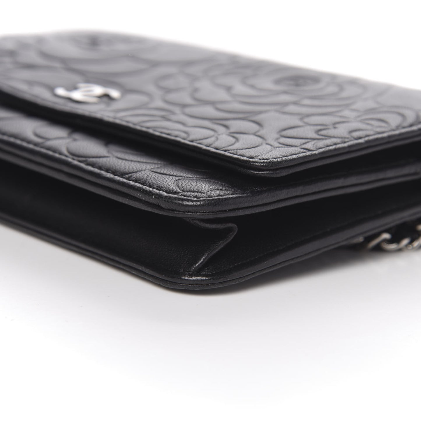 Lambskin Camellia Embossed Wallet on Chain WOC Black