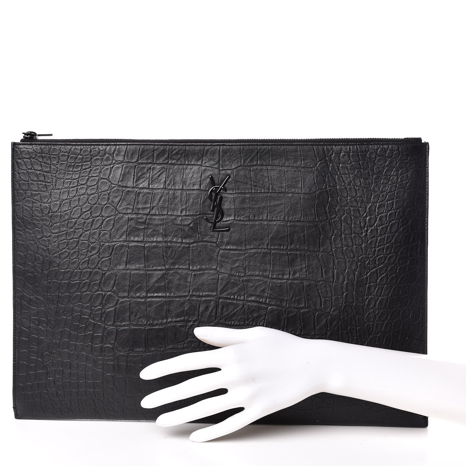 Saint Laurent Calfskin Crocodile Embossed Monogram Document Holder Black 2 of 11