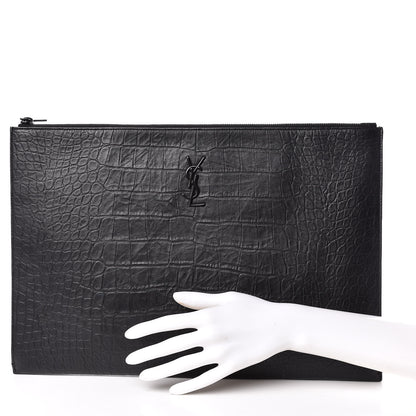 Saint Laurent Calfskin Crocodile Embossed Monogram Document Holder Black 2 of 11