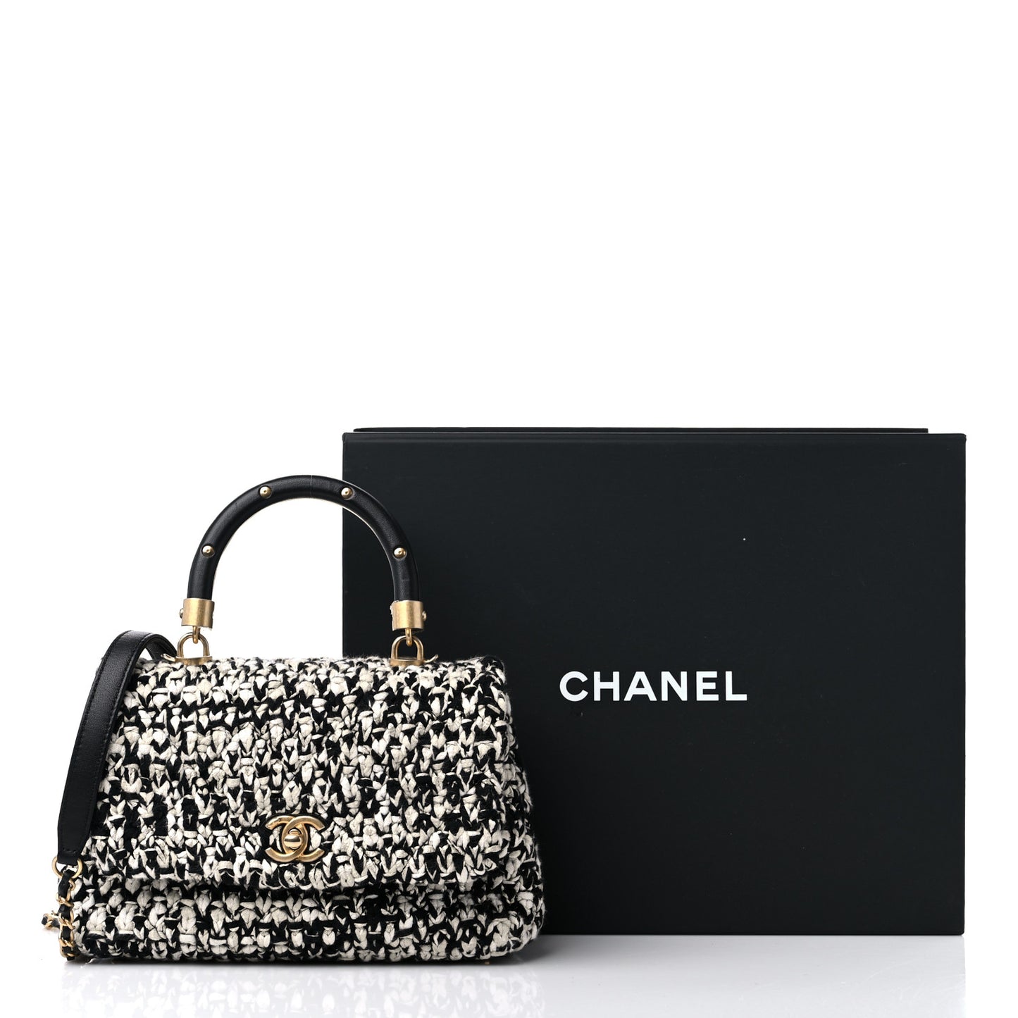 Tweed Quilted Mini Coco Handle Flap Black Beige