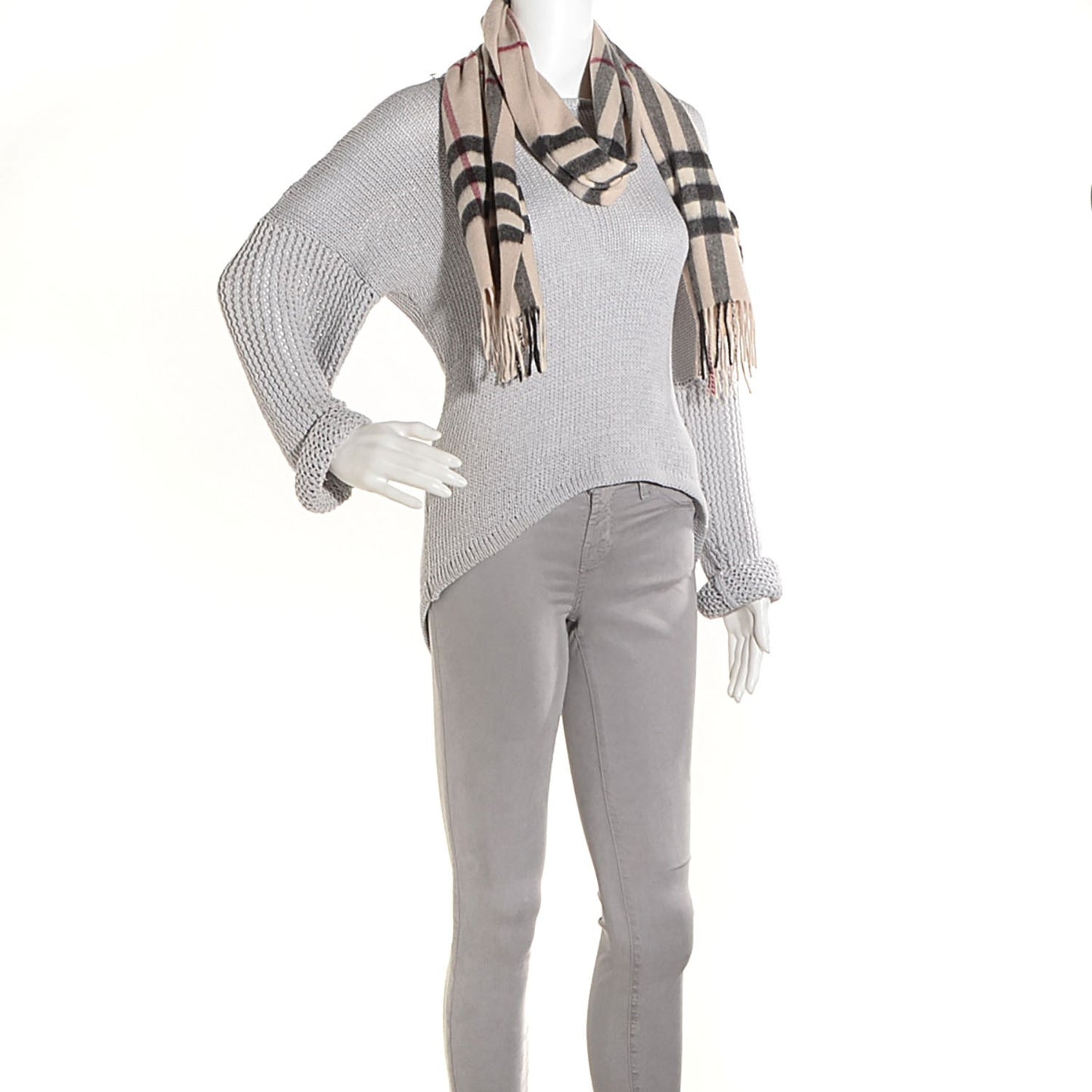 Cashmere Giant Check Fringe Scarf Ivory