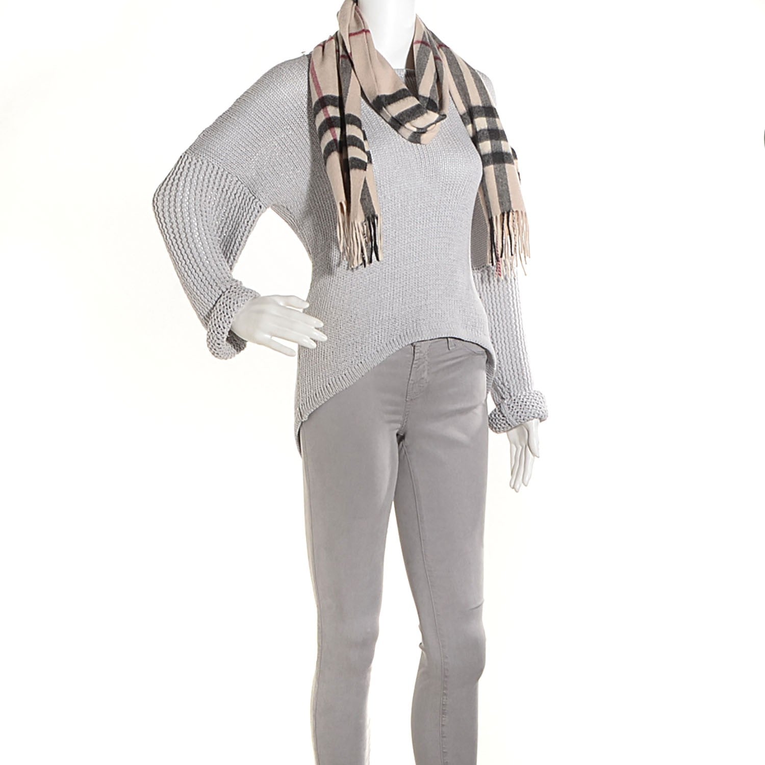 Burberry Cashmere Giant Check Fringe Scarf Ivory 2 of 5