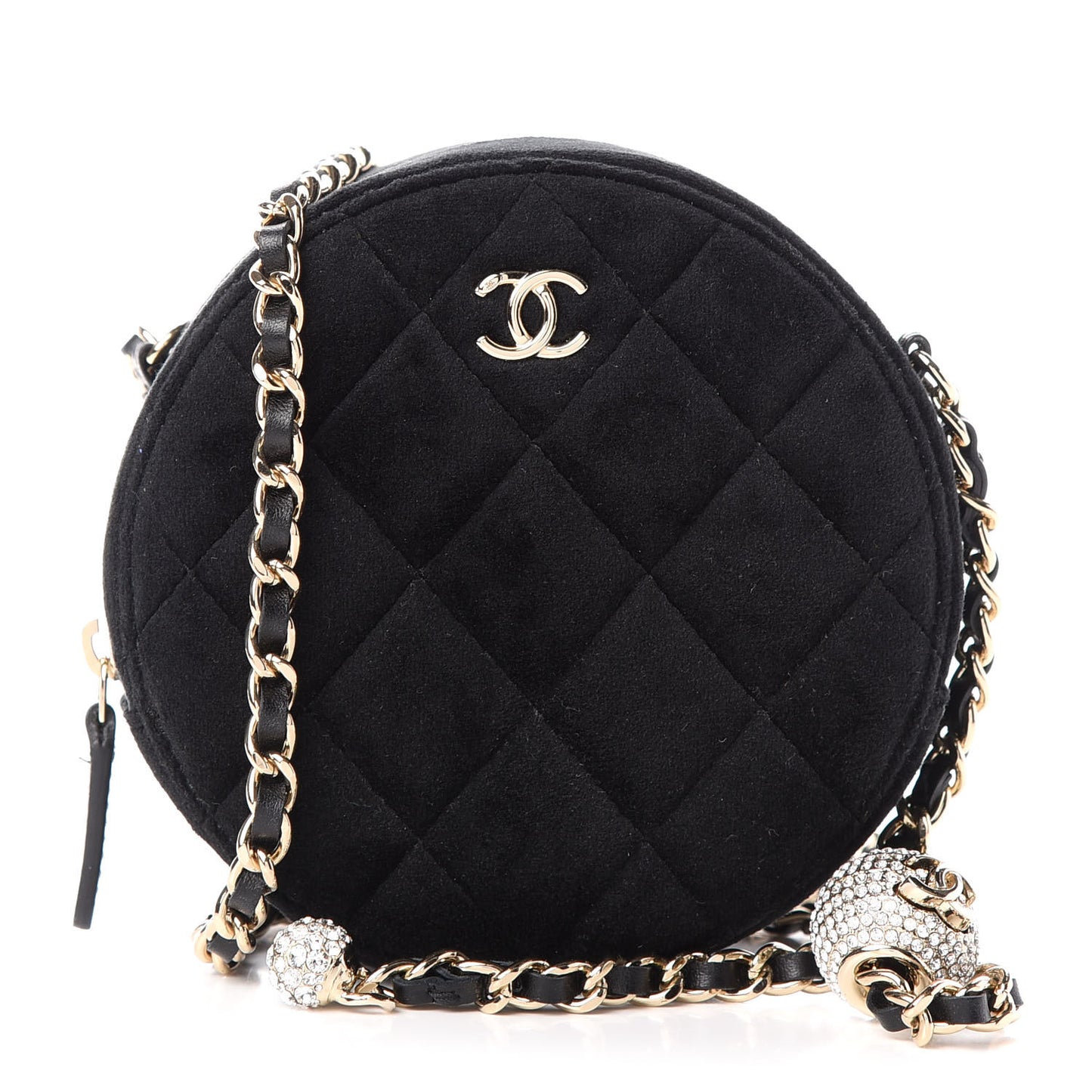 Velvet Quilted Pearl Crush Round Clutch With Chain Black