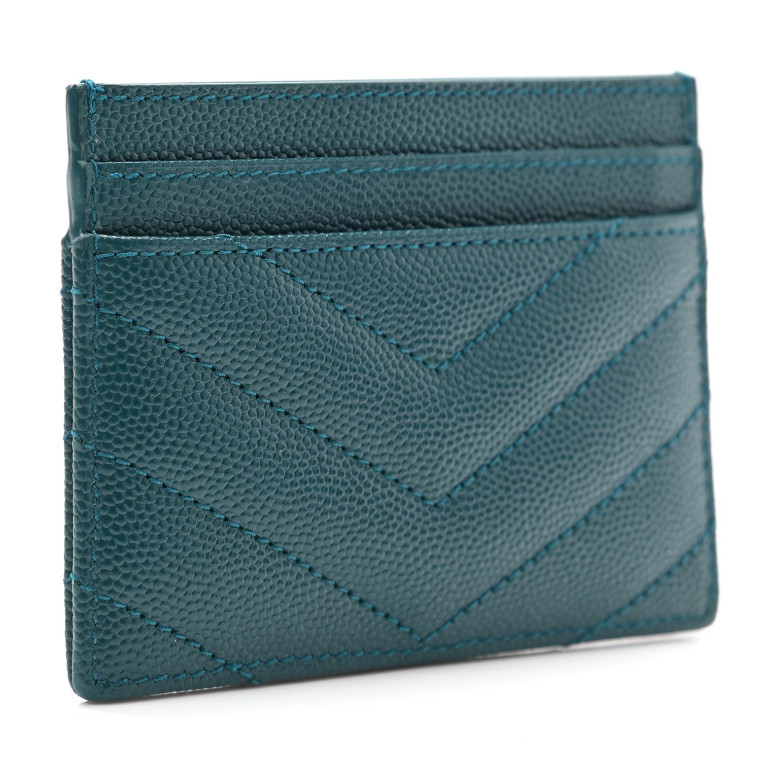 Saint Laurent Grain De Poudre Matelasse Chevron Monogram Credit Card Case Peacock Green 3 of 8
