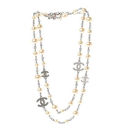 Chanel Graduated Pearl Crystal CC Long Necklace Silver 2 of 3