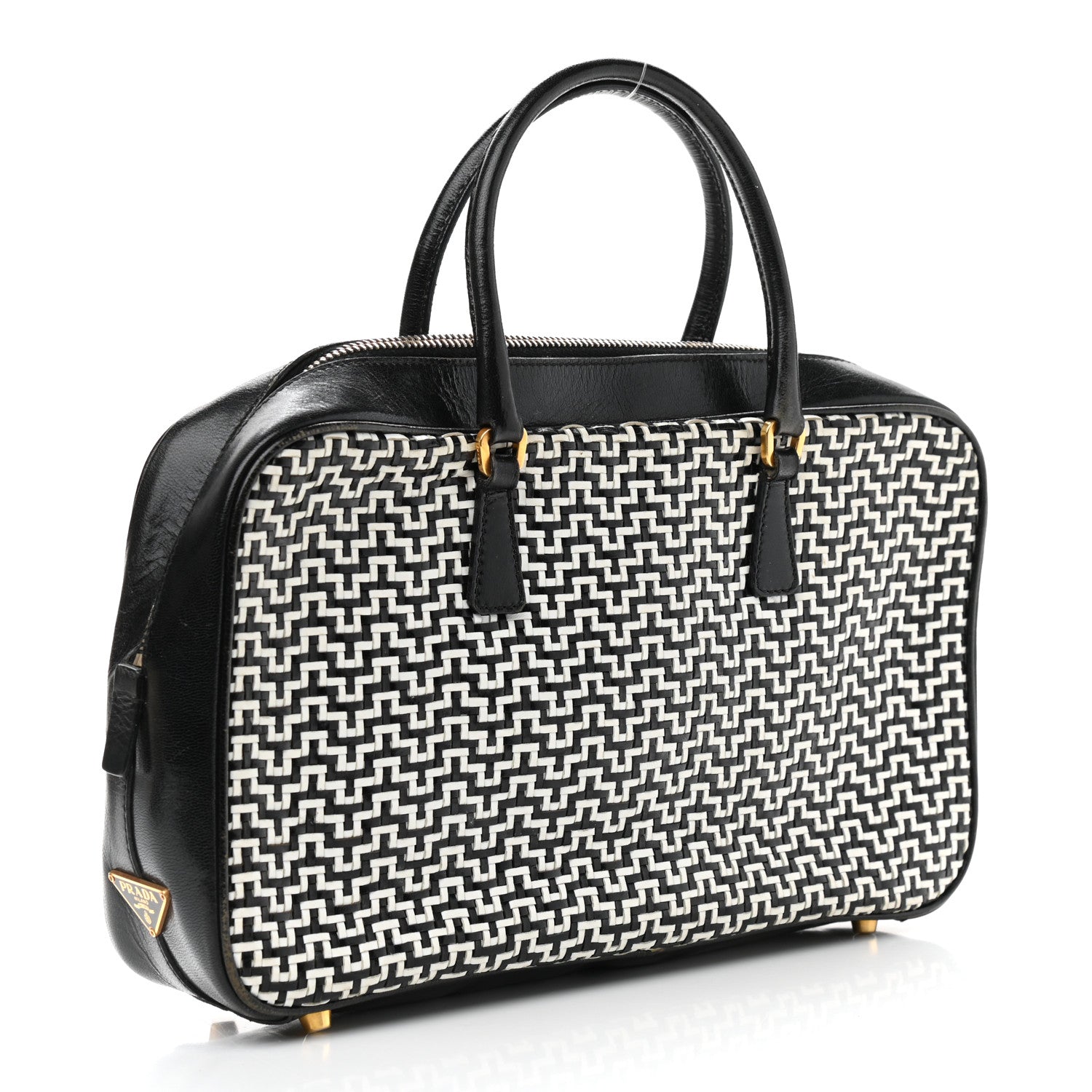 Prada Goatskin Woven Bowler Black 3 of 9