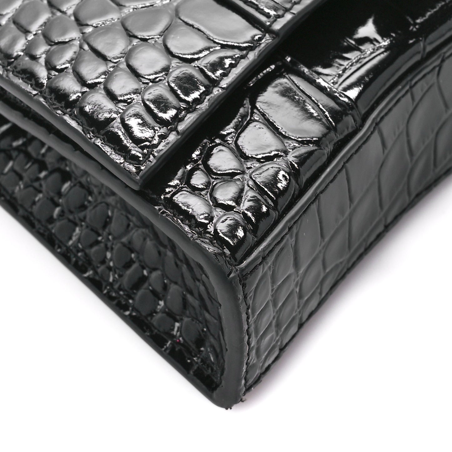 Shiny Calfskin Monochrome Crocodile Embossed Hourglass Chain Bag Black