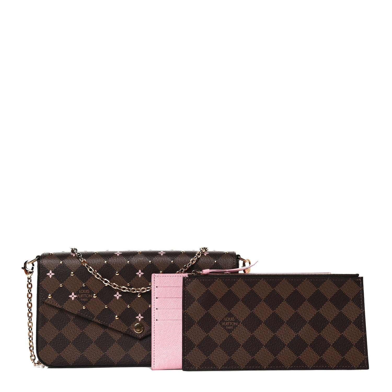Louis Vuitton Damier Ebene Studded Pochette Felicie Chain Wallet 1 of 12