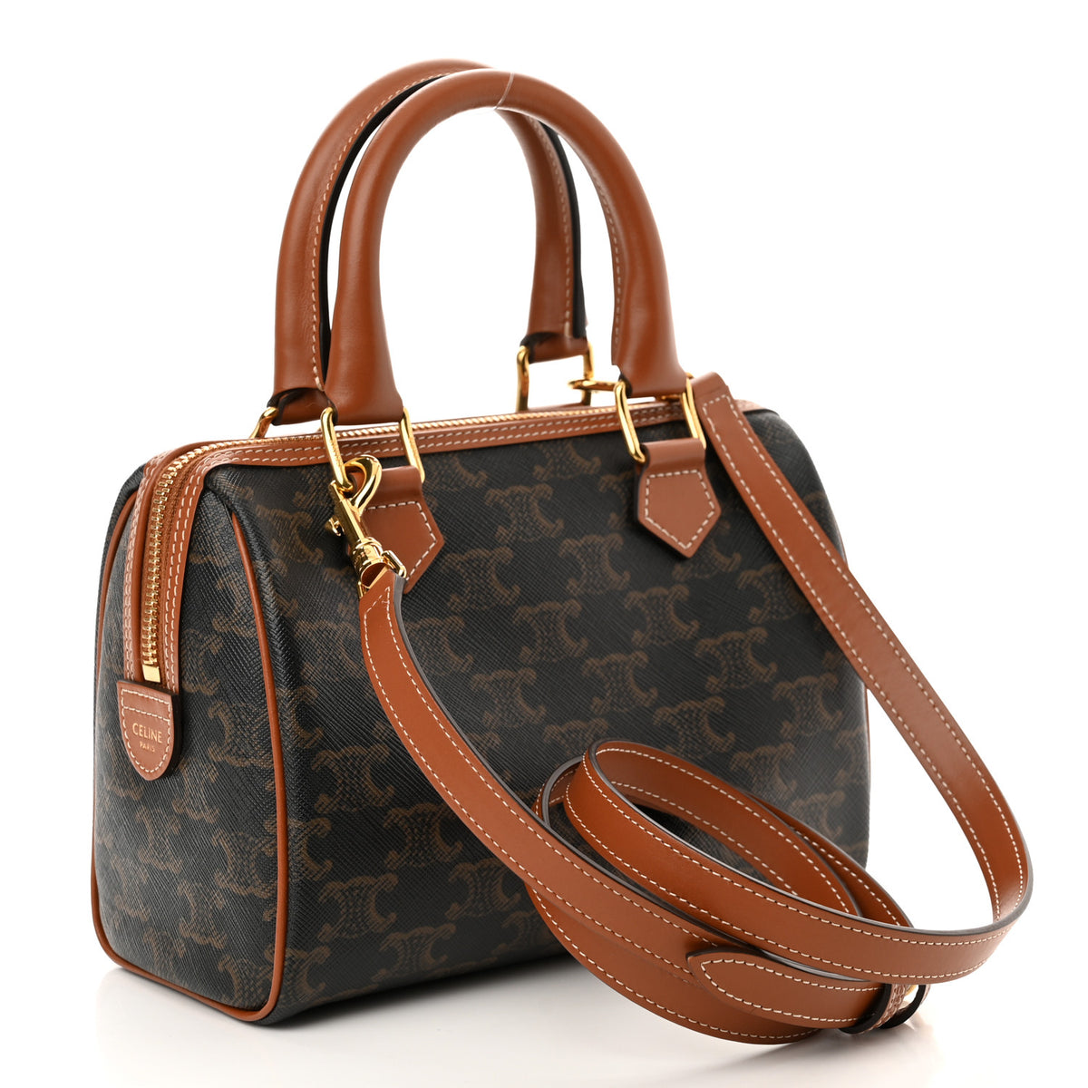 Celine Triomphe Canvas Calfskin Small Boston Bag Tan 3 of 9
